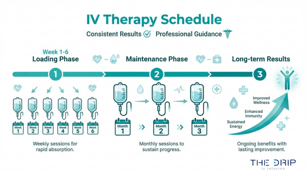 IV therapy schedule infographic showing loading phase, maintenance phase, and long-term wellness benefits over time