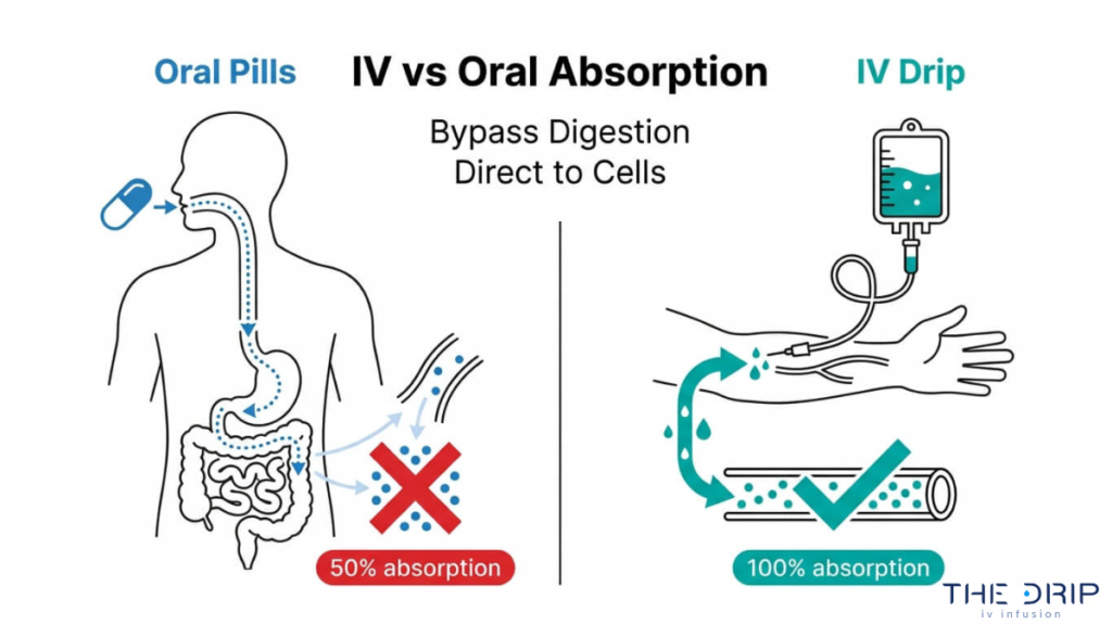 Comparison of IV drip vs oral supplements showing faster nutrient absorption through bloodstream versus digestive system