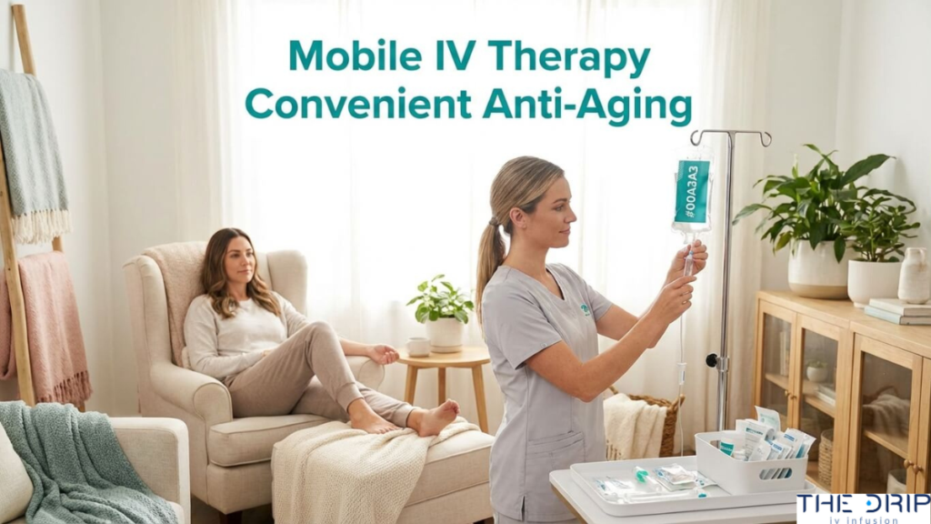 Mobile IV therapy at home showing nurse administering anti-aging drip to relaxed patient in comfortable living room setting