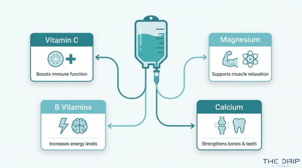 Myers Cocktail ingredients infographic showing vitamin C, B vitamins, magnesium, and calcium in IV nutrient therapy