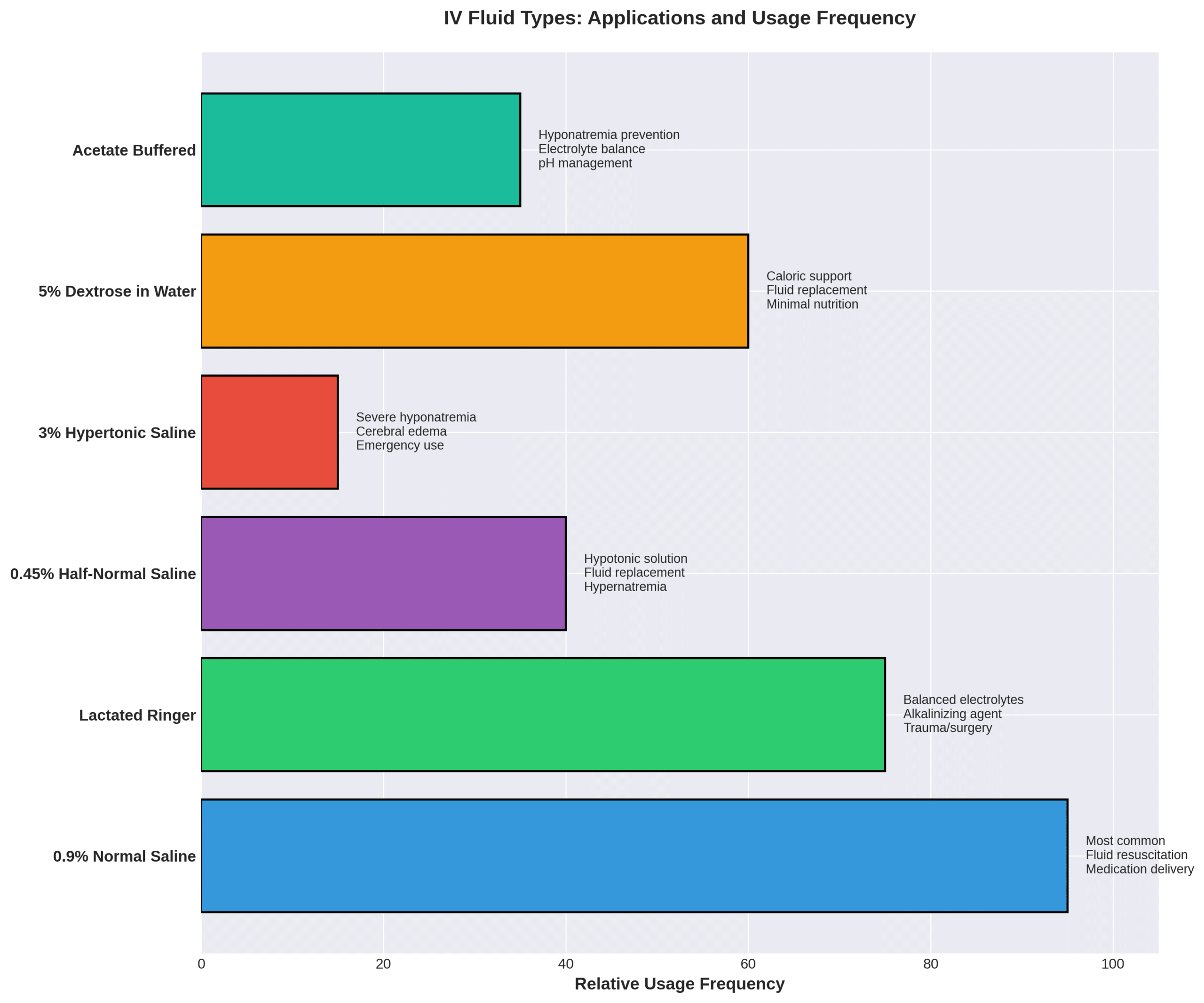 iv-fluid-types-usage-frequency-chart Horizontal bar chart showing common IV fluid types and their clinical applications.