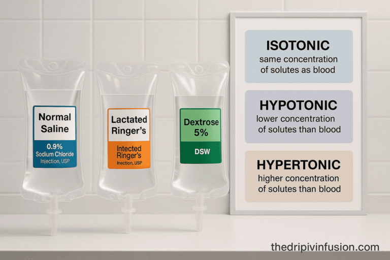 Different types of IV fluid bags including normal saline, lactated Ringer's, and D5W with solution type reference chart