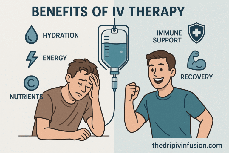 Infographic showing benefits of IV therapy including hydration, energy, immune support, recovery, and nutrients
