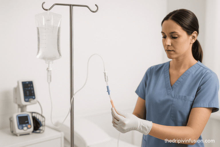 Professional IV therapy setup showing IV bag, tubing, and medical equipment in clinical setting