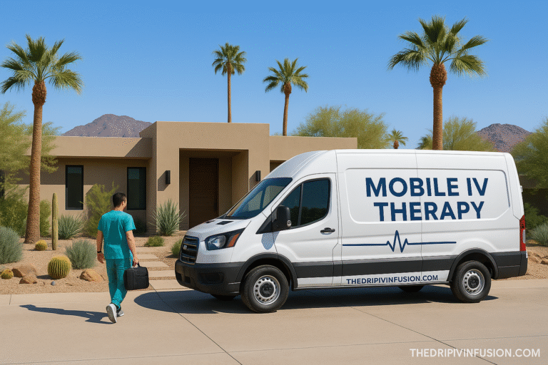 Mobile IV therapy van providing service at Arizona home with desert landscaping and healthcare professional