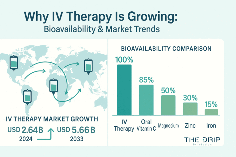 Global market growth of IV therapy and bioavailability comparison chart of IV vs. oral supplements
