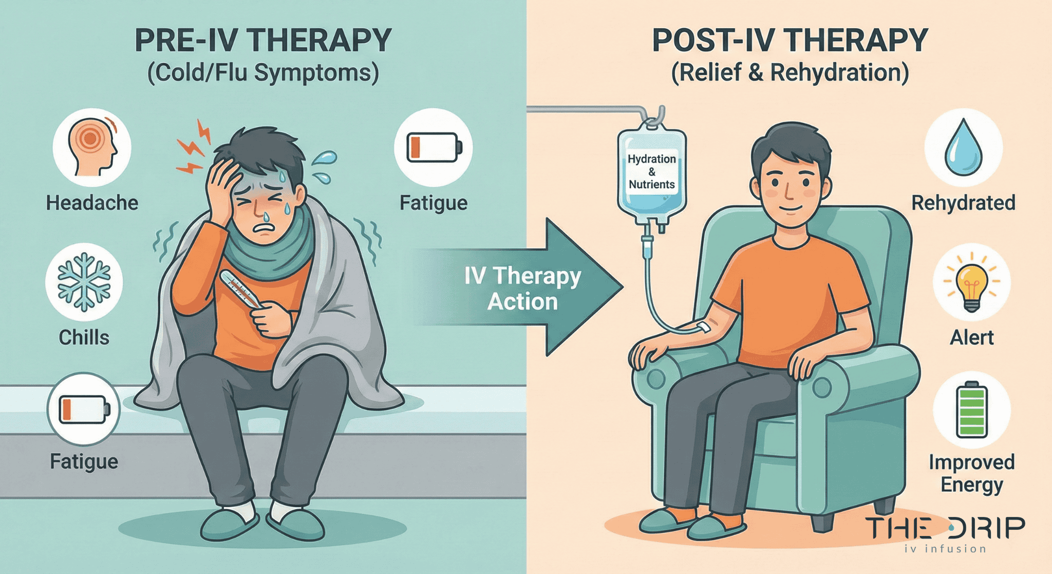 cold-flu-symptoms-before-after-iv-therapy Comparison of a person feeling sick before and feeling better after IV therapy.