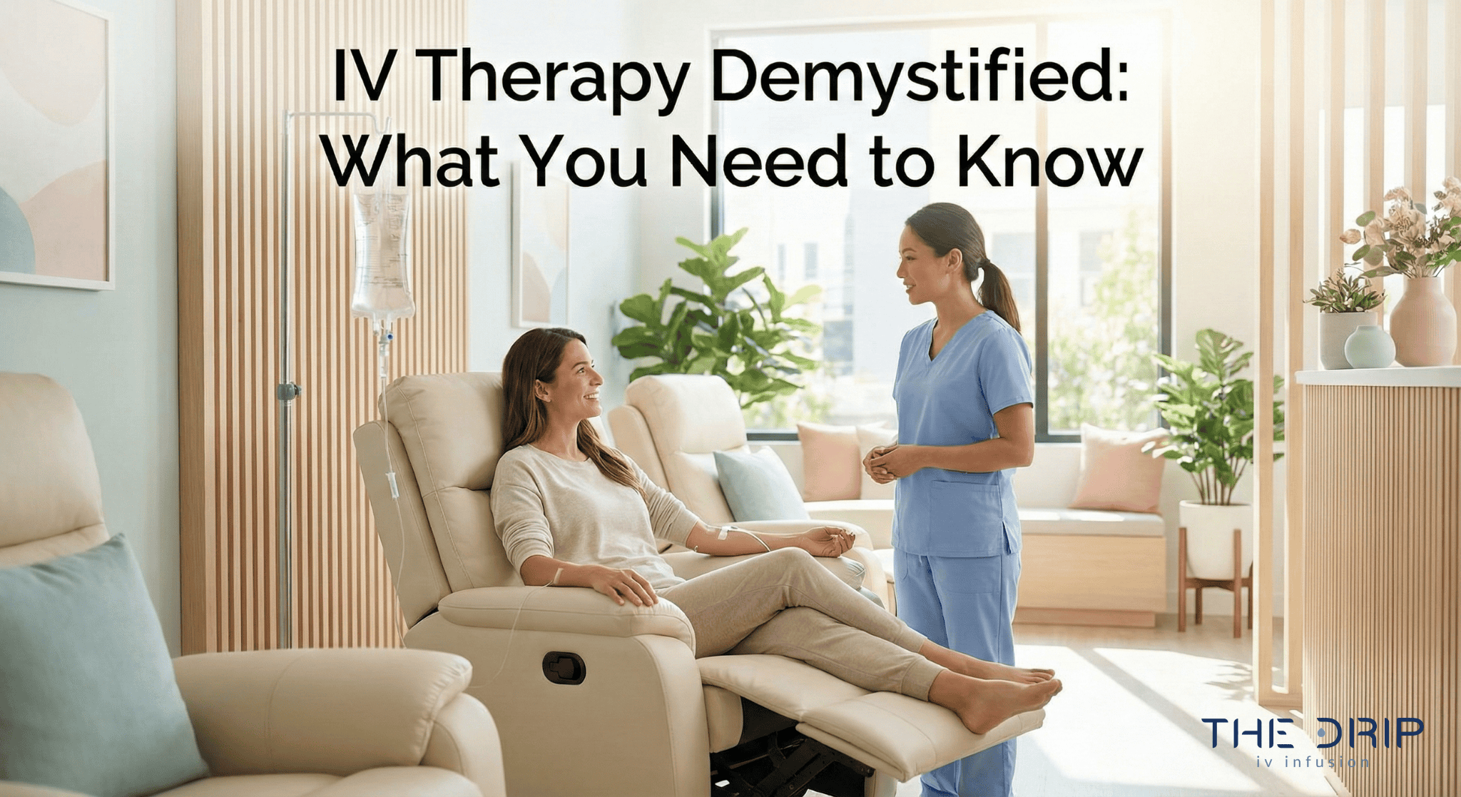 Relaxed patient receiving IV therapy in a modern wellness clinic setting.