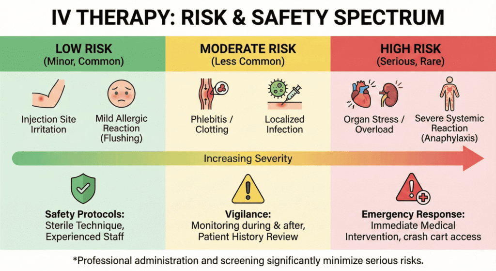 Infographic showing risk levels and safety measures for IV therapy.