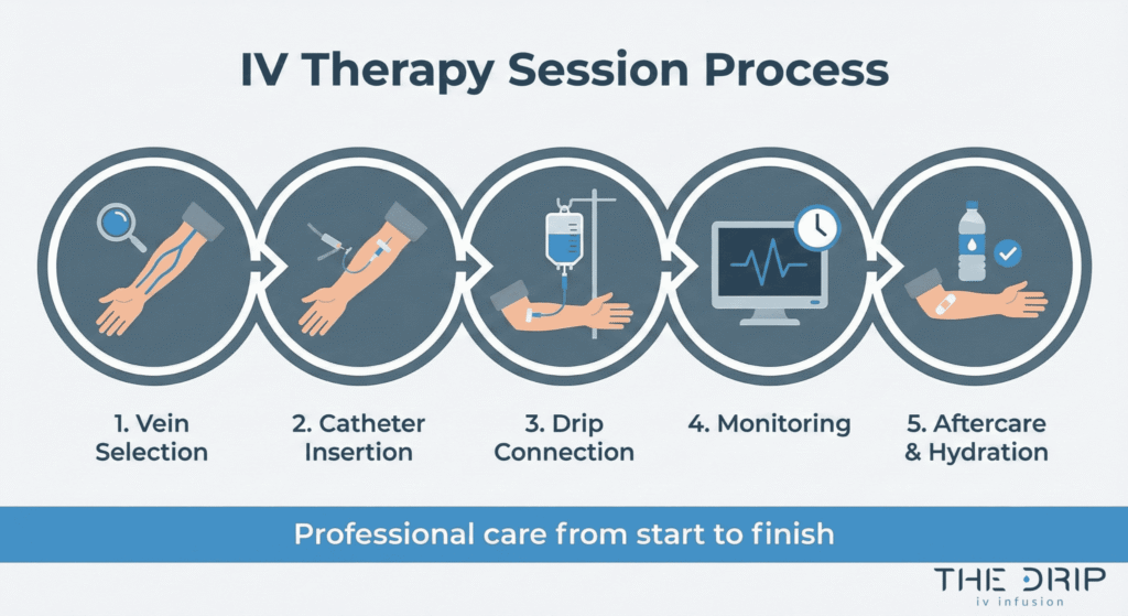 Illustrated steps showing how IV therapy is administered from start to finish.