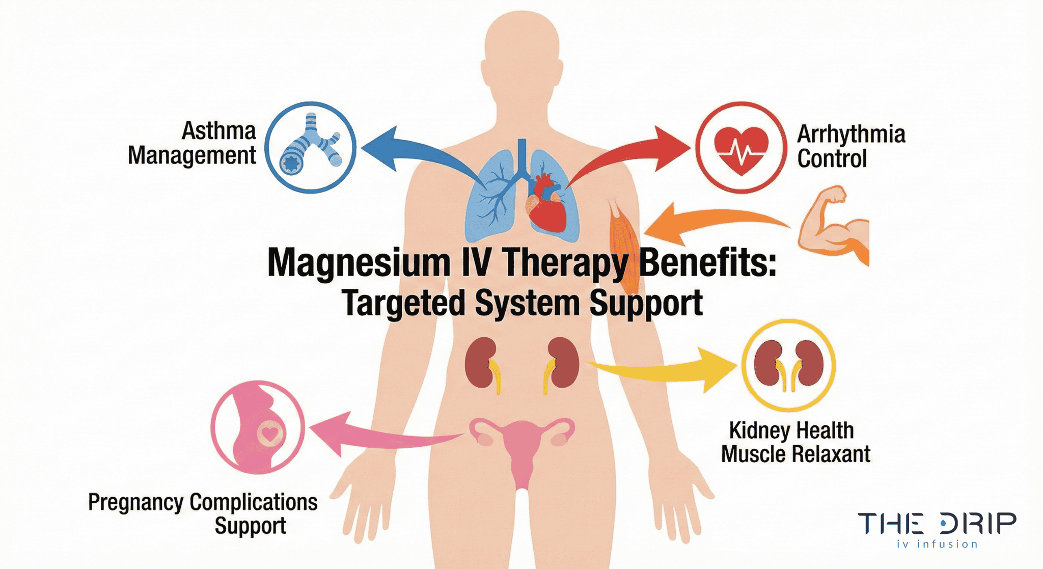 Medical body map highlighting conditions improved by magnesium IV therapy.