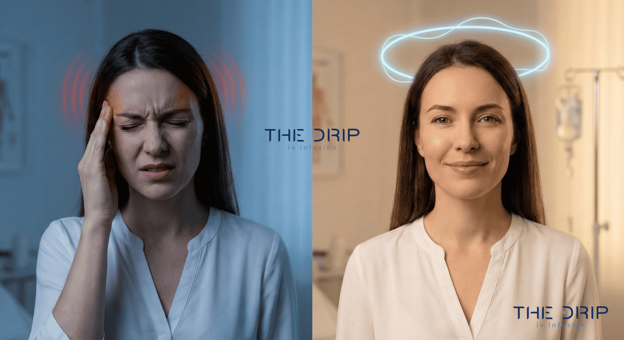 Woman experiencing migraine relief after magnesium IV therapy treatment.