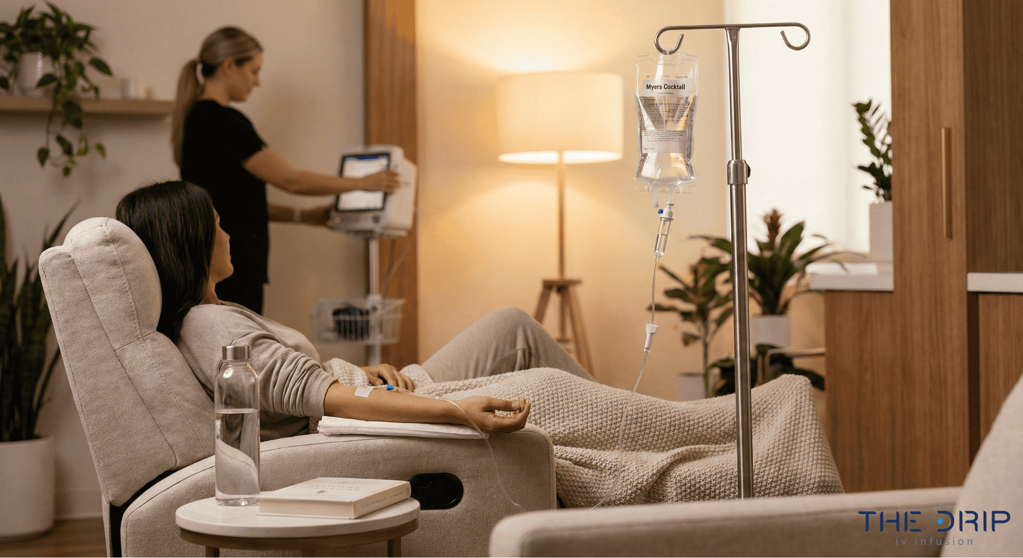 Patient relaxing in a treatment room while receiving Myers Cocktail IV therapy