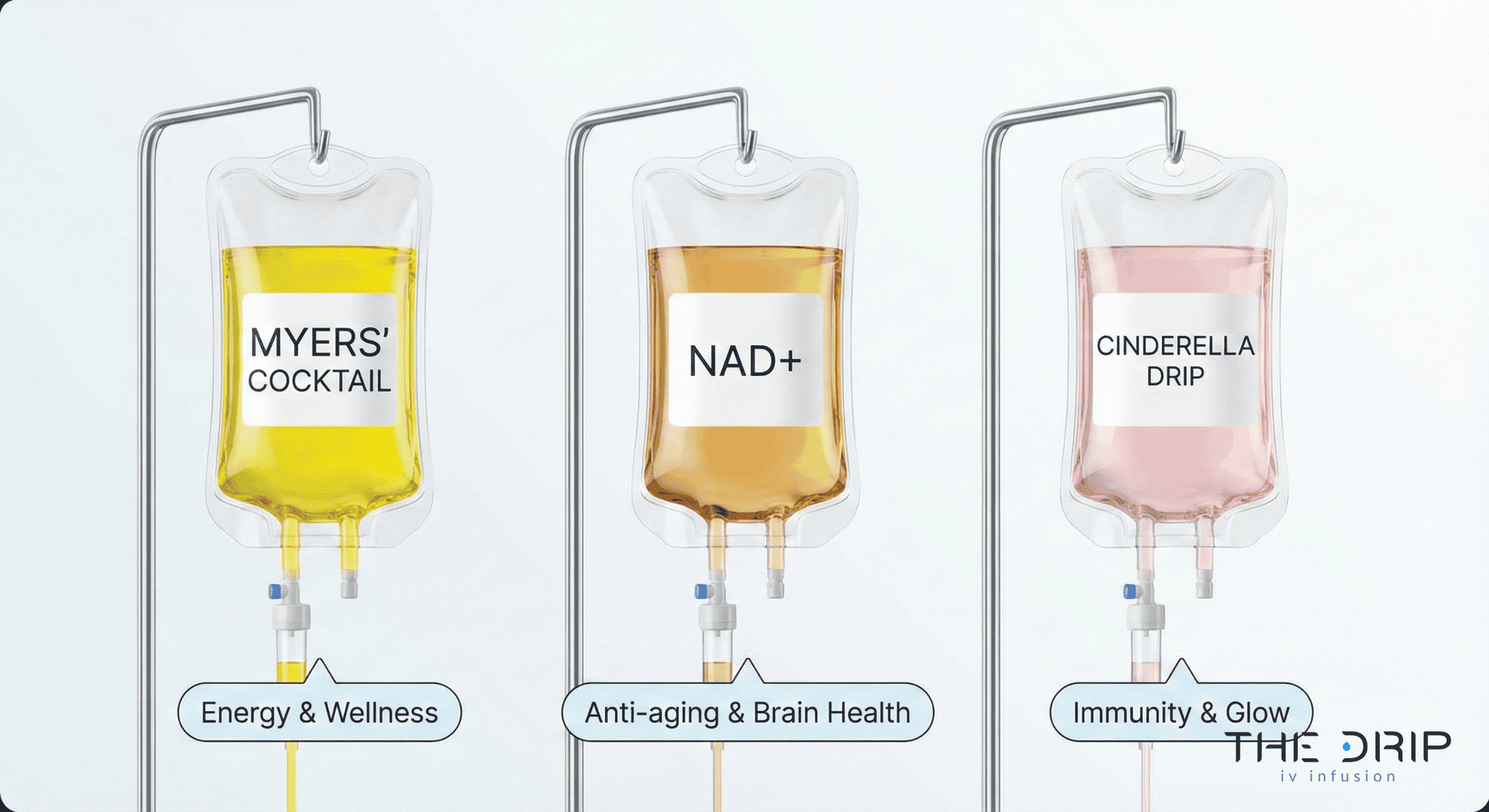 Visual lineup of popular IV drip formulas including NAD+ and Myers’ Cocktail