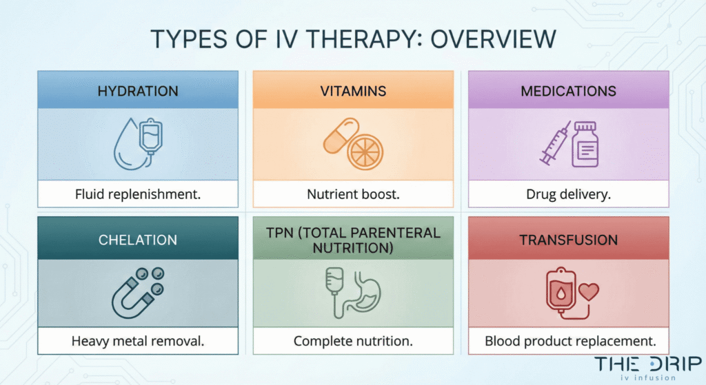 Graphic comparing types of IV therapy including hydration, vitamins, and TPN.