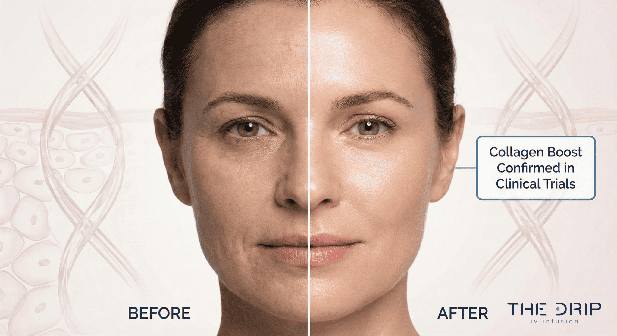 Before-and-after visual showing skin rejuvenation from Vitamin C IV therapy.