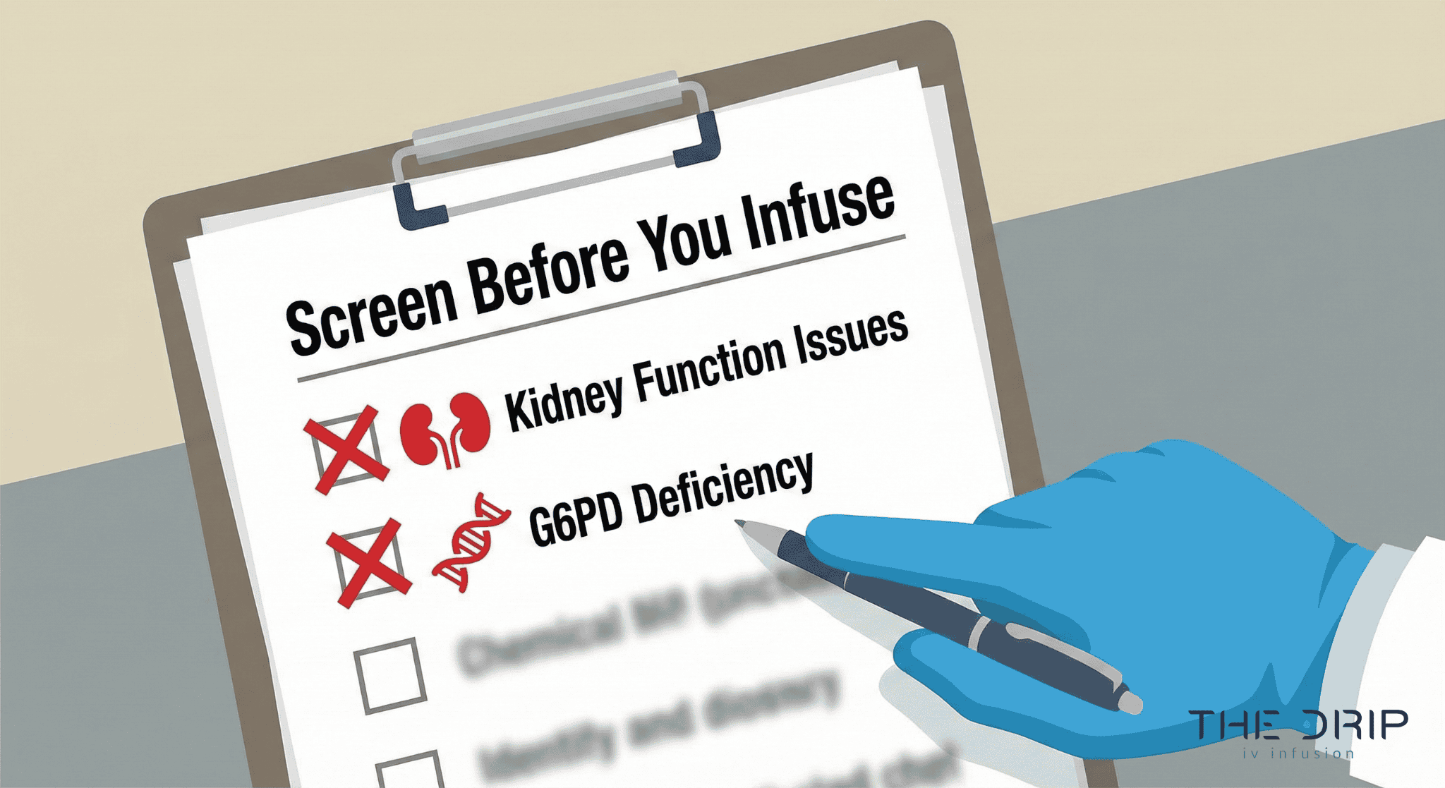 Doctor reviewing medical checklist for Vitamin C IV therapy contraindications.