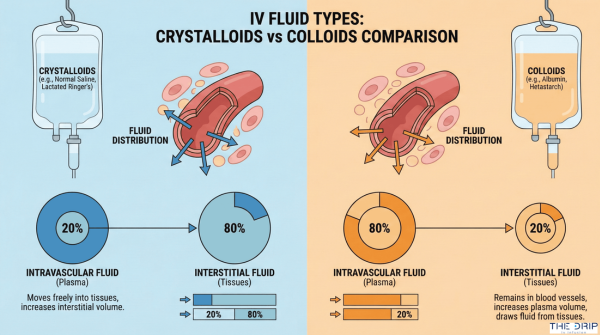 Comparison of crystalloid and colloid IV fluid distribution in the body.