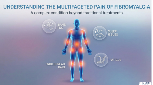 Illustrated human body showing widespread pain points and symptoms of fibromyalgia.