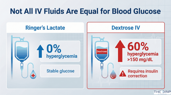 Infographic comparing Ringer’s Lactate and dextrose IV fluid effects on blood glucose levels.