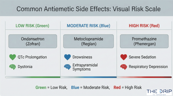 Chart showing side effects and risk levels of IV nausea medications