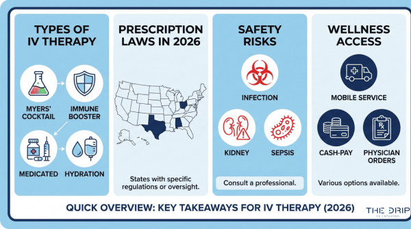Infographic showing types of IV therapy, 2026 prescription laws, safety risks, and wellness service options.