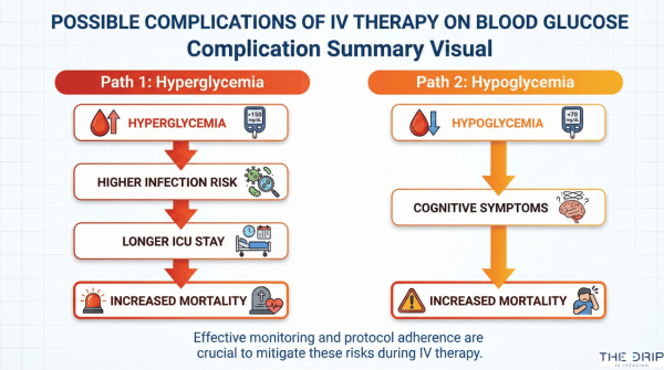 Flowchart showing risks of hypoglycemia and hyperglycemia complications during IV therapy.