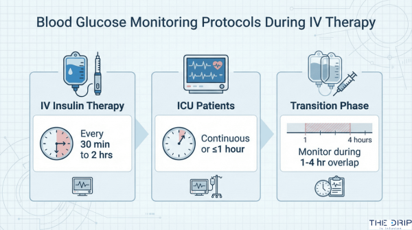 Chart showing recommended blood glucose monitoring intervals during IV therapy.