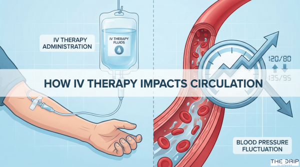 Diagram of IV therapy administration and its effect on blood pressure within arteries.