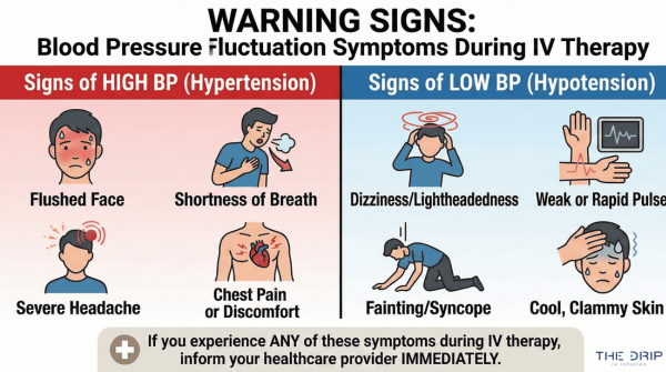 Side-by-side chart of symptoms for increased and decreased blood pressure during IV therapy.