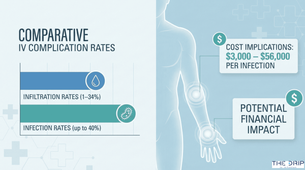 Infographic showing infiltration and infection rates in IV therapy with cost comparison per complication.