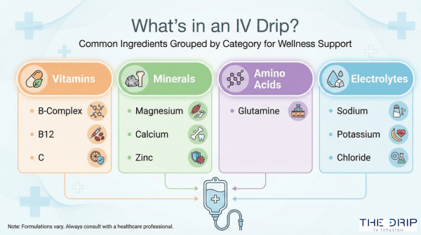 Infographic showing common IV therapy ingredients grouped by vitamins, minerals, amino acids, and electrolytes.