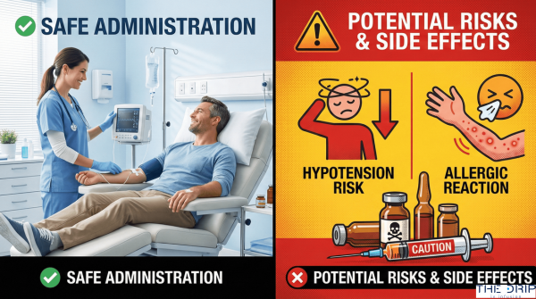Visual showing both safe IV therapy administration and potential risks from certain ingredients.