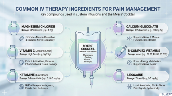 Ingredient breakdown chart showing key components of IV therapy for fibromyalgia like magnesium, vitamin C, and ketamine.