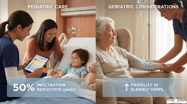 Pediatric and elderly patients receiving IV therapy with visual cues of complication risks.