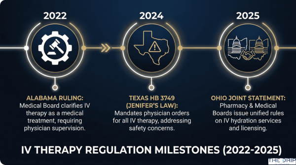 Timeline showing key state law changes for IV therapy prescriptions from 2022 to 2025 in Alabama, Texas, and Ohio.