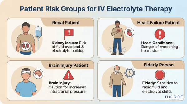 Grid of patient types at higher risk from IV electrolyte therapy with caution labels.