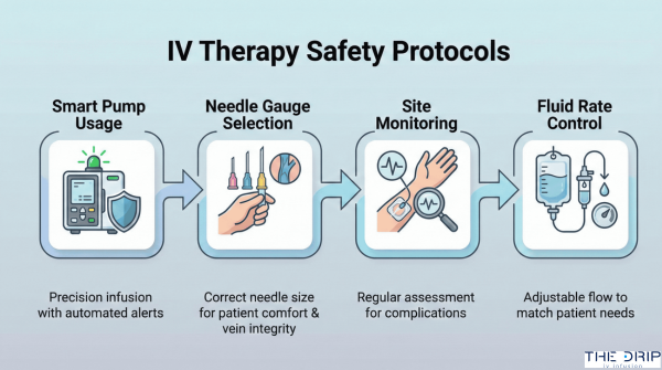 Flowchart of IV therapy safety steps including pump use, monitoring, and protocol adherence.