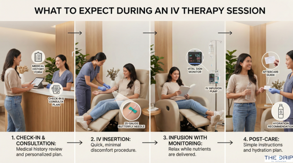 Step-by-step visual showing what happens during an IV therapy session for fibromyalgia including setup and monitoring.