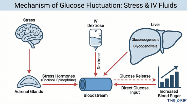 Diagram of stress hormone effects and IV dextrose leading to elevated blood sugar.