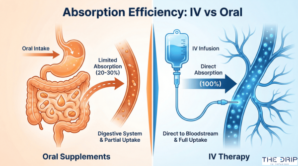 Side-by-side comparison chart showing IV therapy has higher electrolyte absorption than oral supplements.