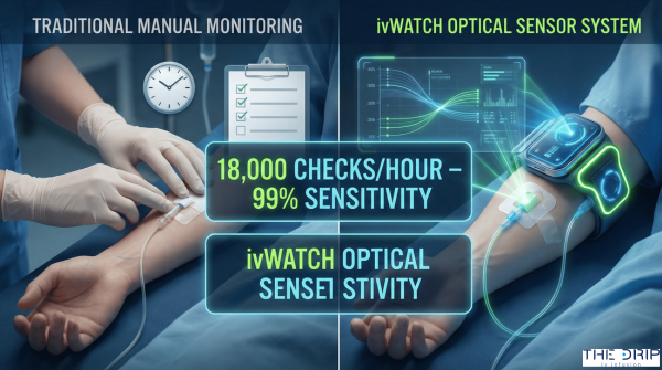Comparison between manual IV site checks and ivWatch optical monitoring system.