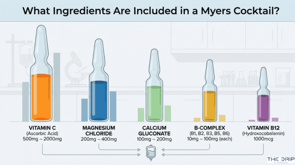 Visual chart showing the individual ingredients and concentrations in a standard Myers Cocktail IV formula.