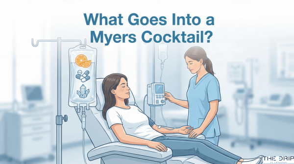 Patient receiving a Myers Cocktail IV drip under medical supervision, showing labeled nutrient components.