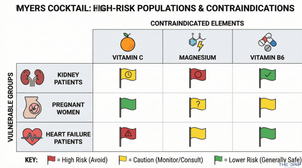 Risk matrix showing vulnerable groups and their specific contraindications with Myers Cocktail therapy.