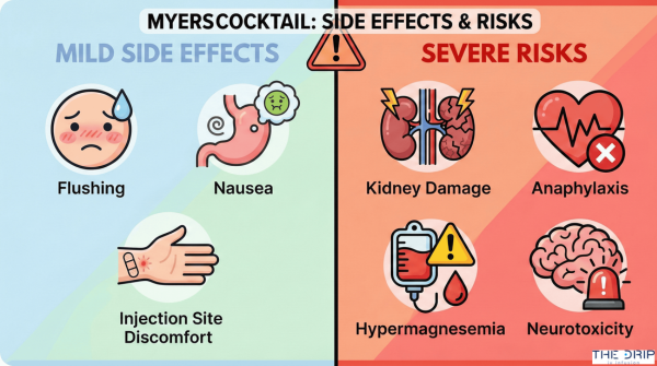 Side-by-side visual comparing common mild symptoms with serious health risks from Myers Cocktail IV therapy.