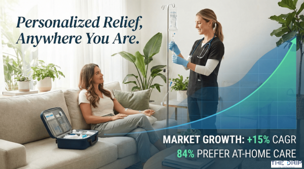 Mobile IV nurse administering nausea treatment with market trend graph overlay