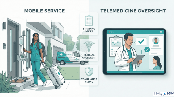 Split image showing mobile IV nurse and a telemedicine doctor approving prescriptions.