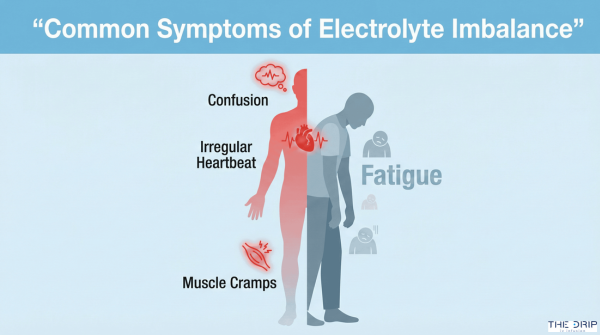 Infographic showing common symptoms of electrolyte imbalance in the human body.