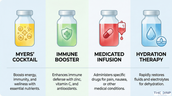 Visual comparison of four common IV therapy types including Myers' Cocktail, immune booster, medicated, and hydration infusions.